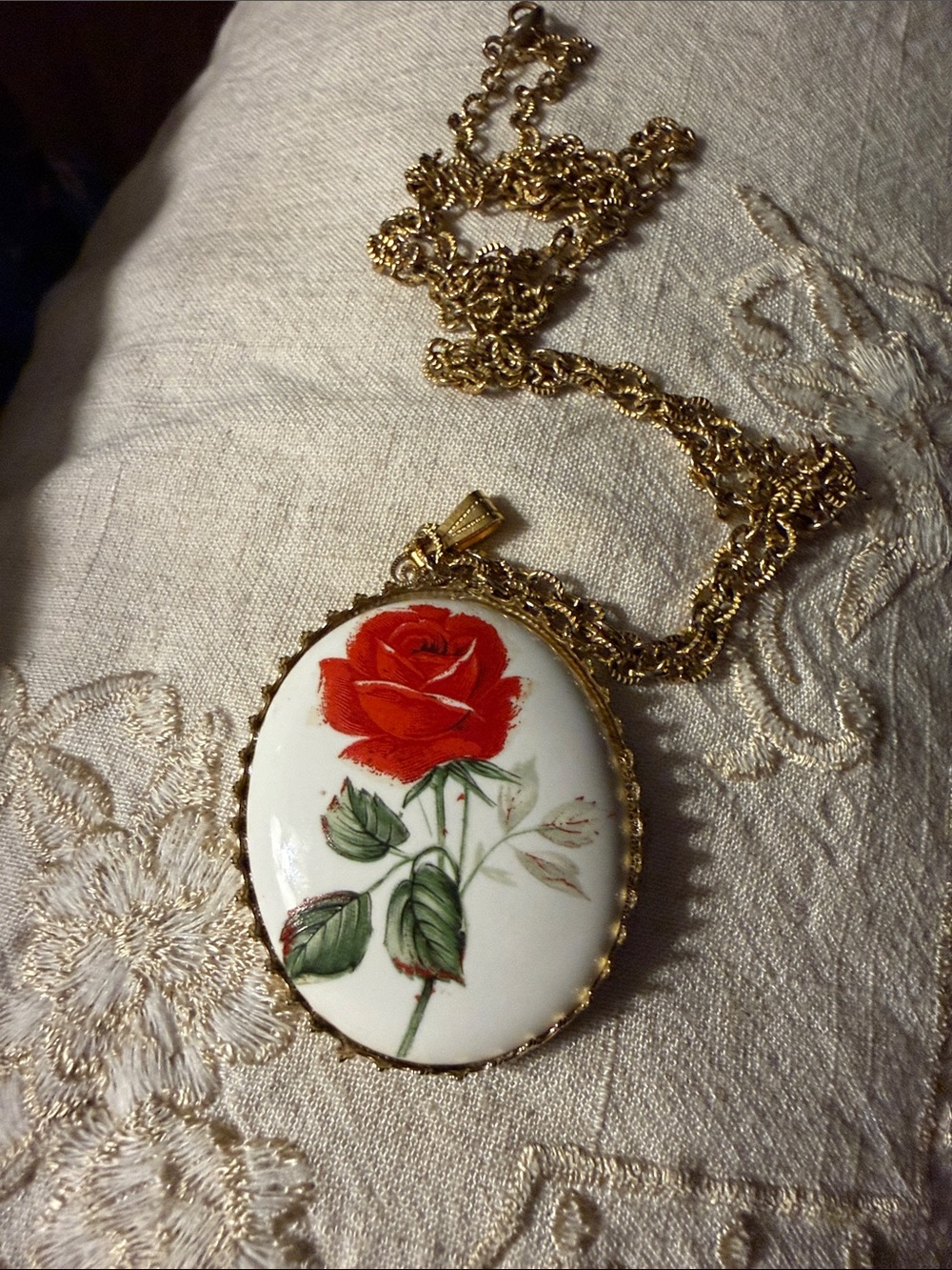 Gold-Tone Necklace with Red Rose Porcelain Pendant
